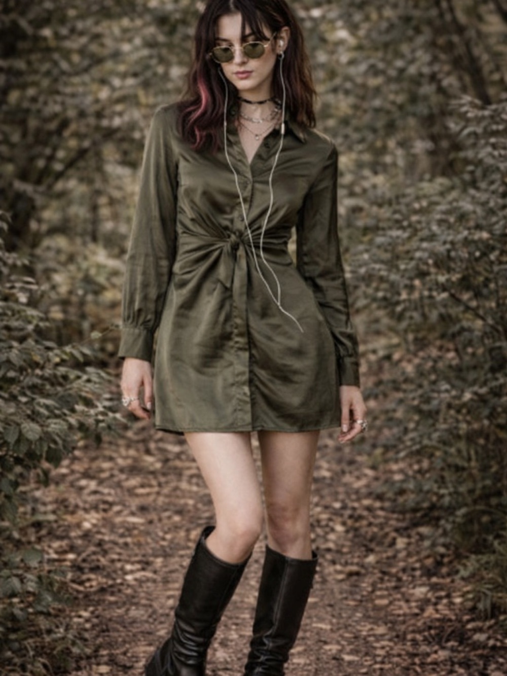 BB Dakota Tie Curious Satin Shirt Dress Olive Green Mini Small